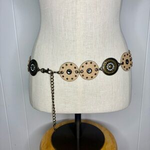 Y2K Metal and Faux Leather Circle Chain Hip Belt Rhinestones Rodeo Boho Rockstar